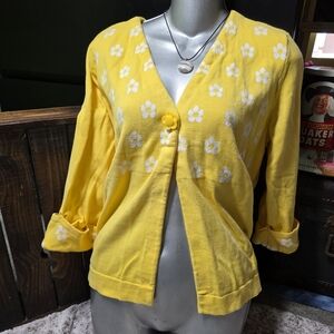 Christopher & Banks Cute Yellow Flower Sweater Cardigan Style 1 Button Large